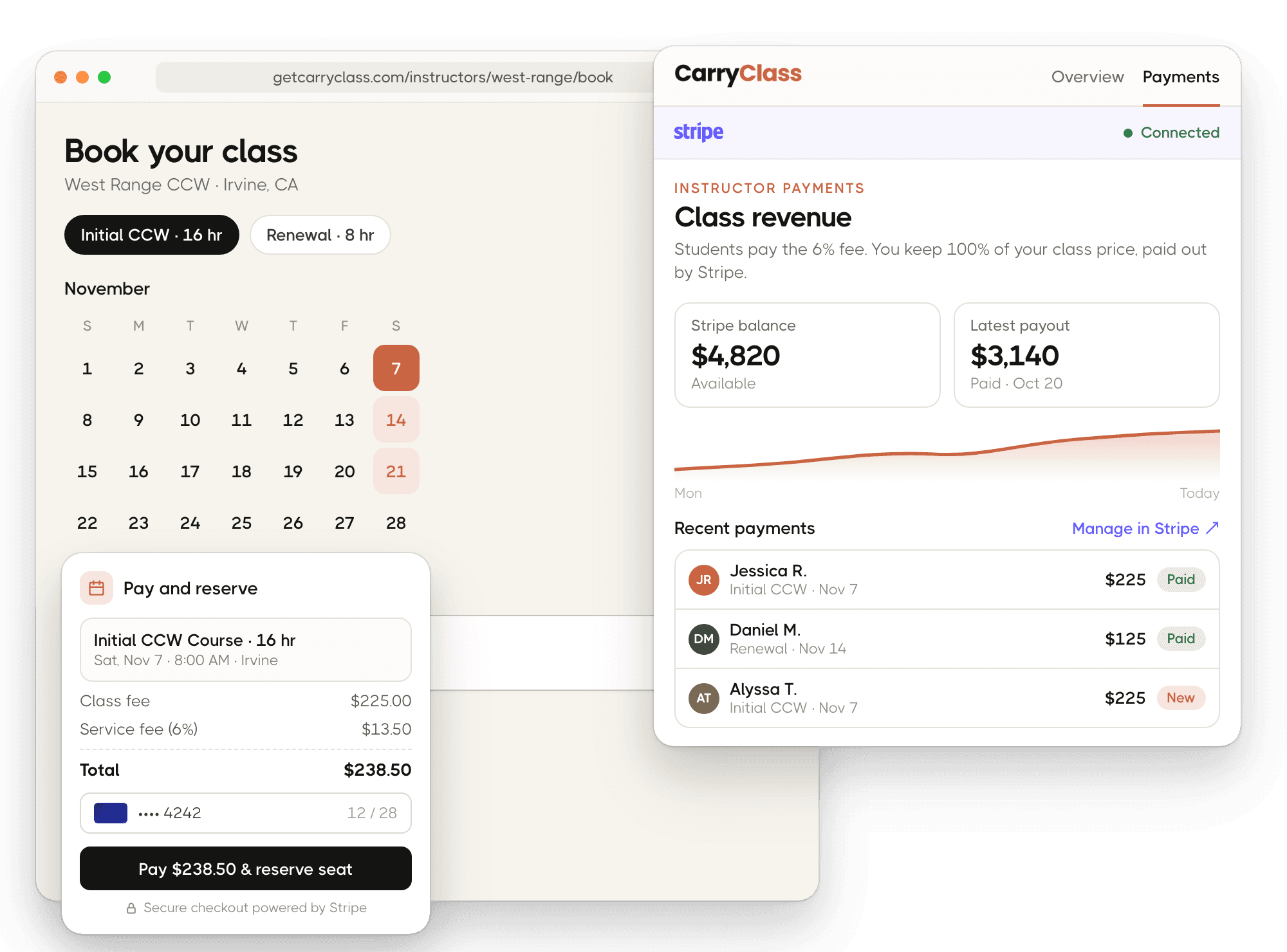 Student booking page with a Stripe checkout card and the instructor payments dashboard.